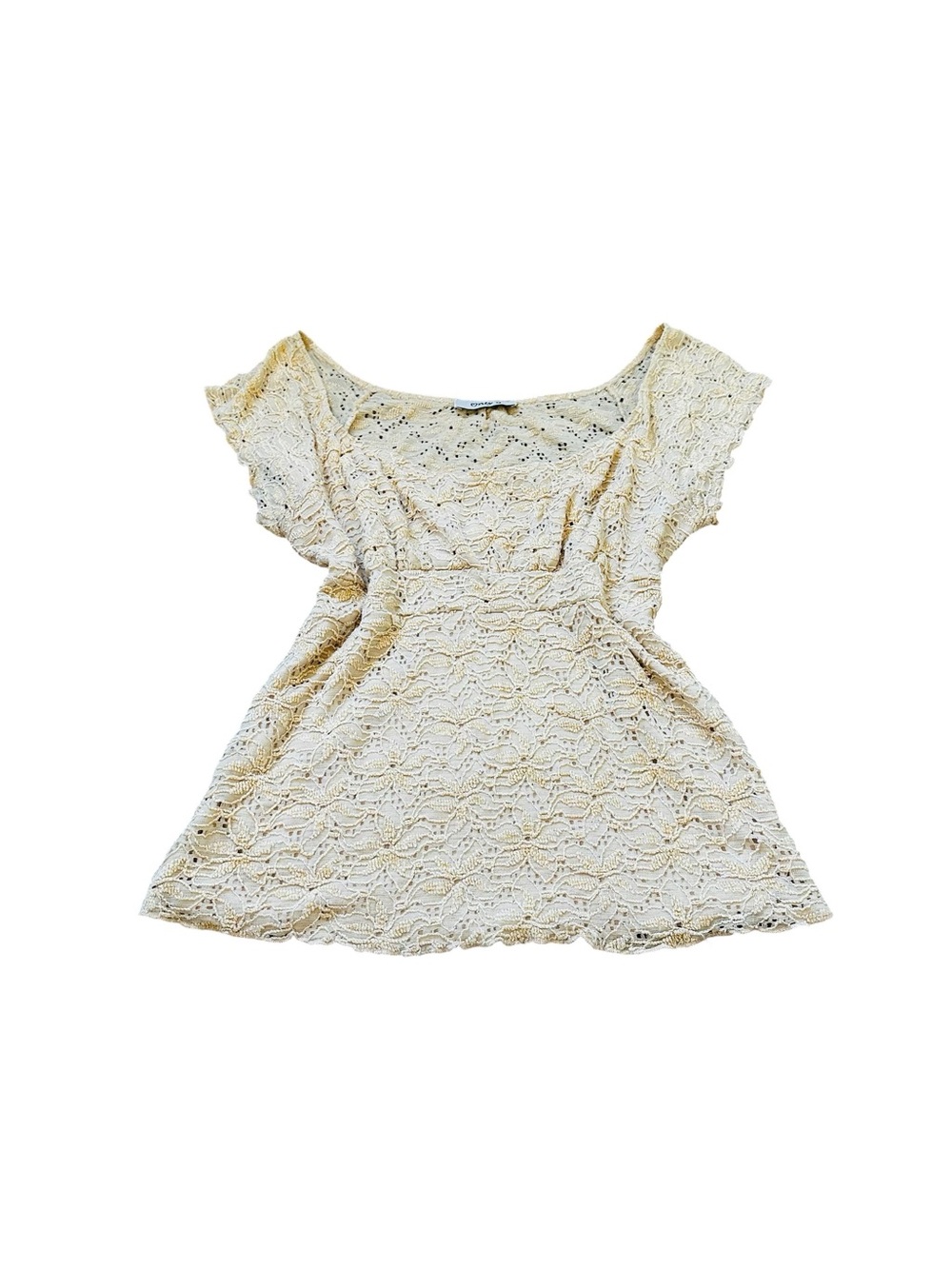 Vintage Cream Floral Knit Top Empire Waist Cap Sleeve Boho Hippie Y2K Cottage
